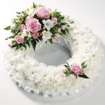 Classic Pink Rose and Chrysanthemum Wreath by Funeral Flowers London